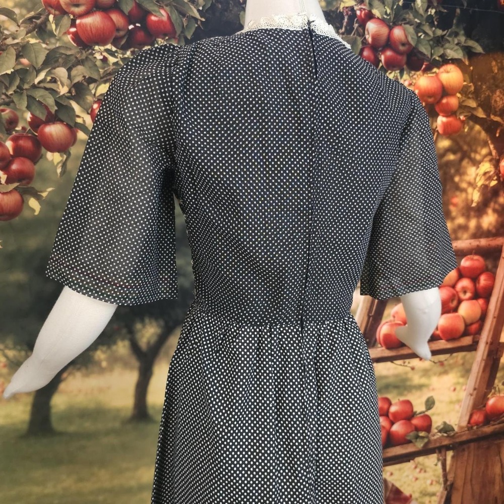 Vintage 1970s Polka Dot Smocked Lace detailed‎ Blue Red Maxi Dress Gown Corset - Picture 5 of 8